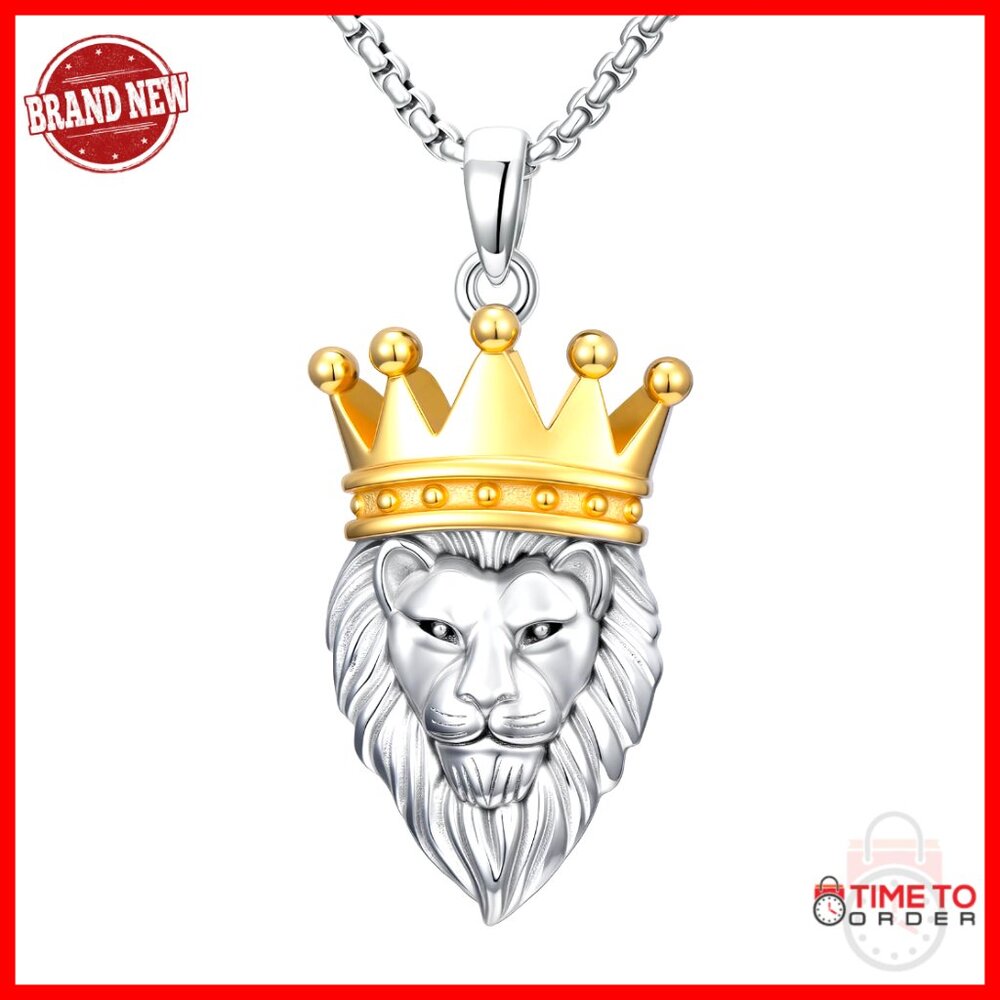 Sterling Silver Lion Pendant Necklace With Crown Adjustable Chain